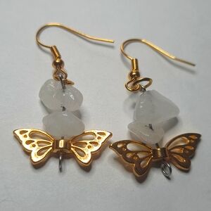 Natural Gemstone Earrings White Quartz Gold Butterfly